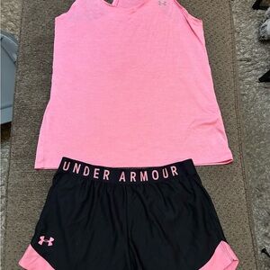 Under Armour Black HeatGear Shorts with pink tank top